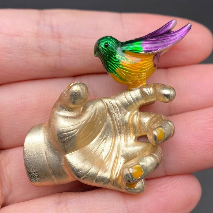 Enamel The Bird Stands On The Human Hand Brooch for wholesale by Mio Queena