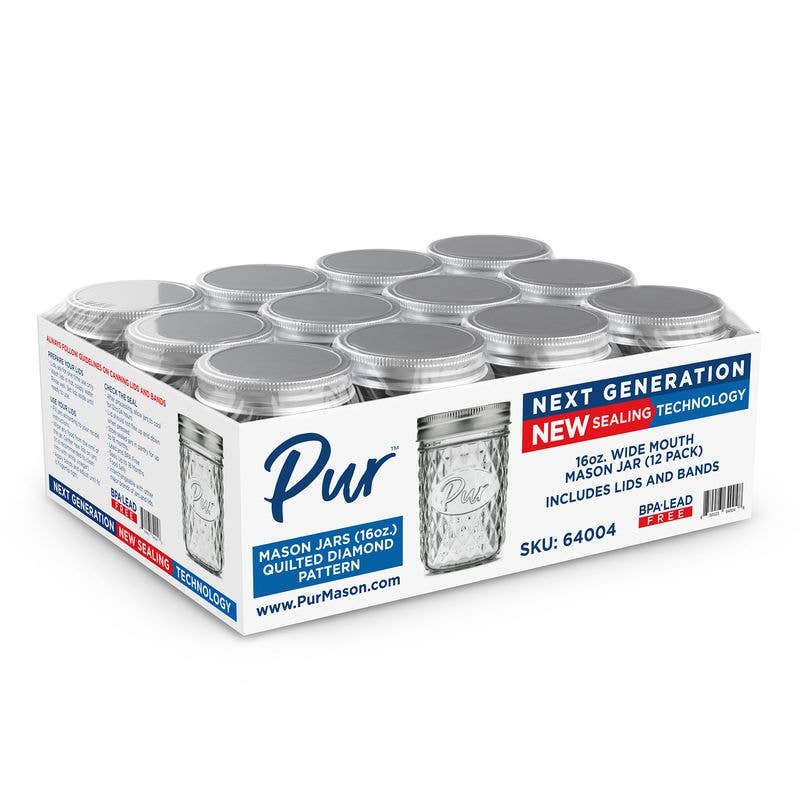 Pur Mason - Wholesale Jar - 16oz Wide Mouth Mason Jar, Diamond Design - 12 Pack0