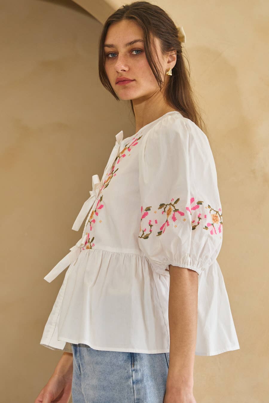 Oddi - Vendita all'ingrosso Camicetta - Donna - Blusa in popeline con fiocco frontale.12