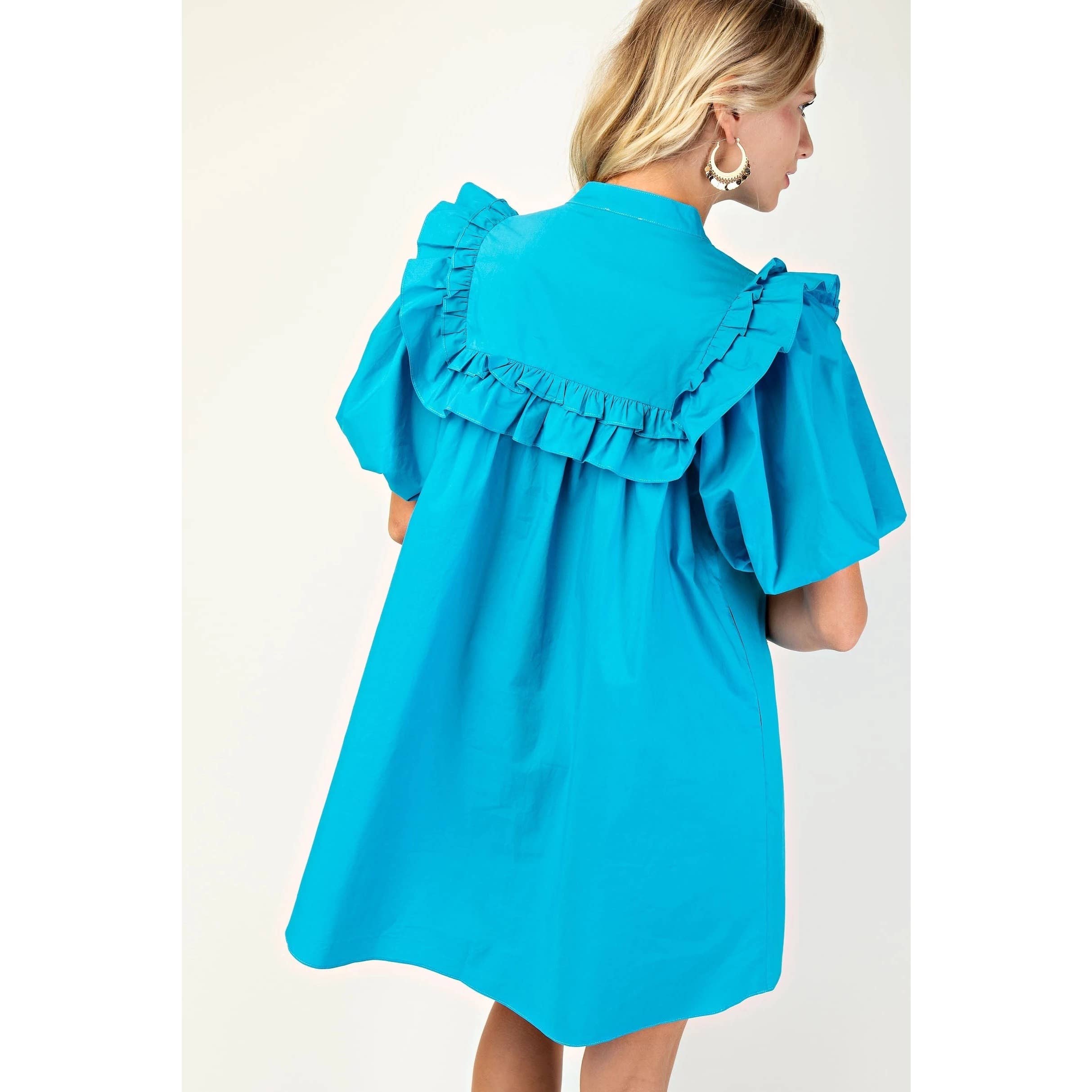 BNS - Wholesale Dress - Women's - Puff Sleeve Mini Dress w_Mandarin Collar n Ruffle9