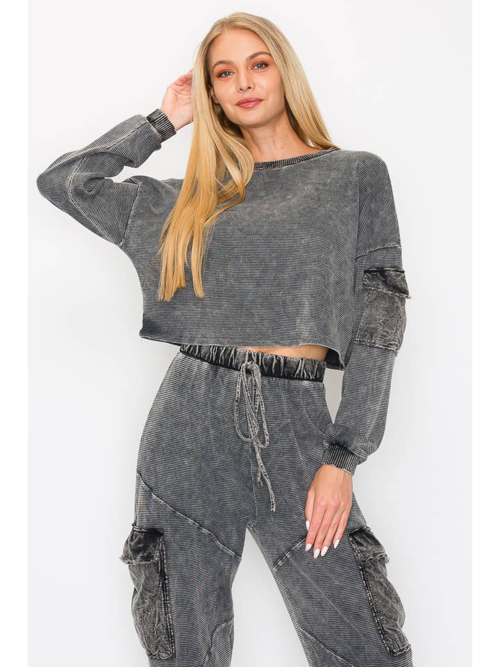 J.Her - Wholesale Knit Top - Women's - Mineral Wash Cargo pocket Top GD4021T