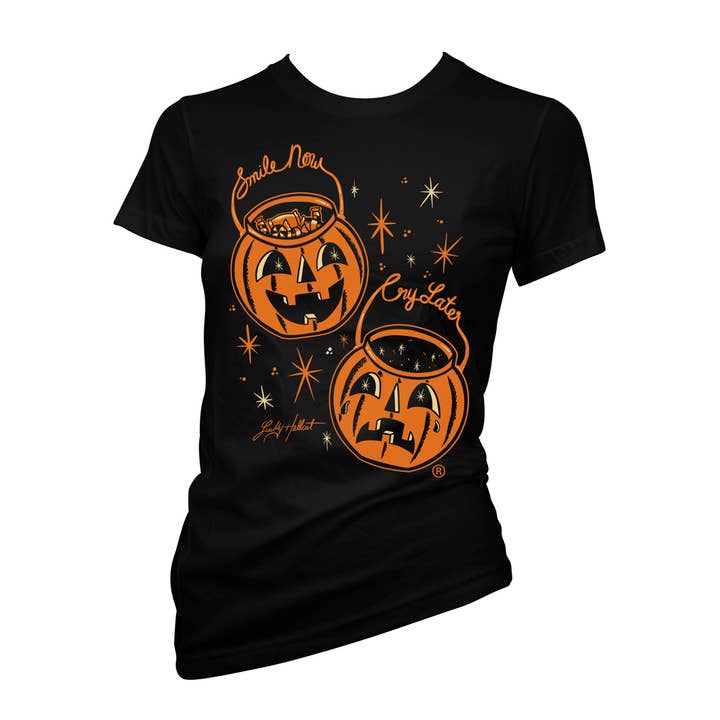Lucky Hellcat Smile Now Cry Later Halloween Women's Tee for wholesale by Cartel Ink