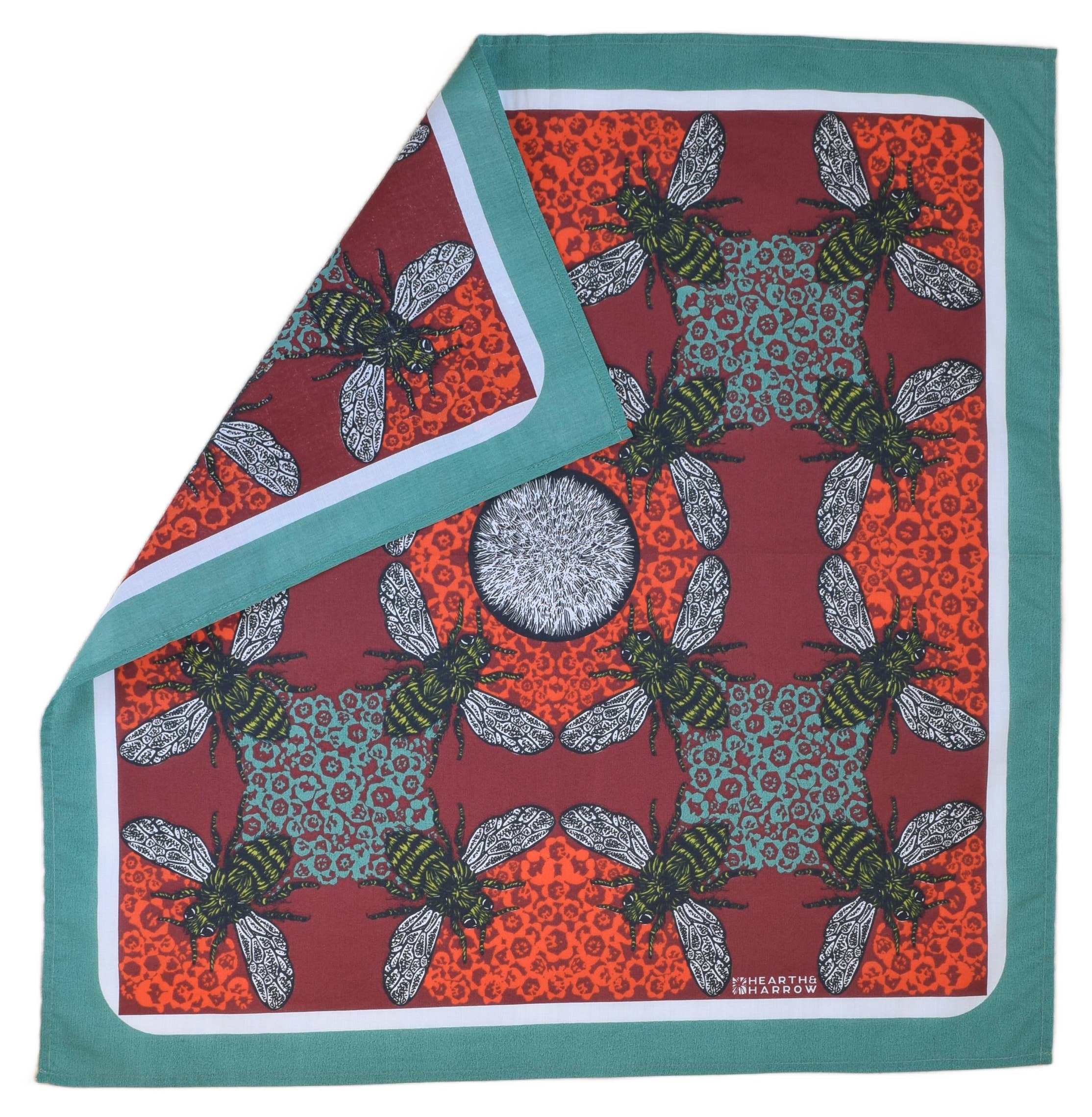 Hearth and Harrow – wholesale Bandana – Unisex – Honeybee Bandana - 100% Cotton - Red and Teal - Hand Printed2