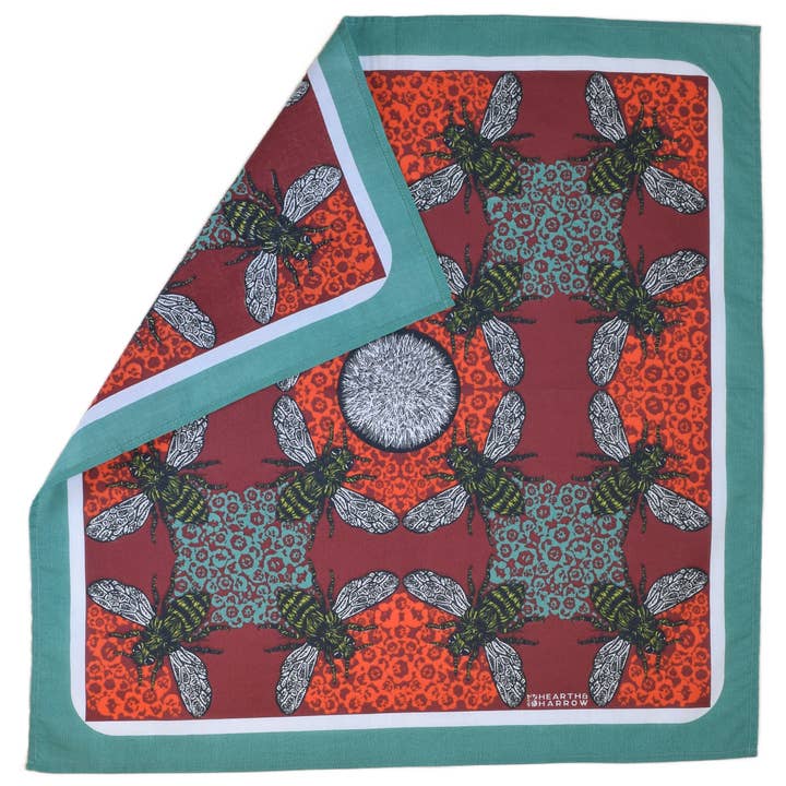 Hearth and Harrow - Wholesale Bandana - Unisex - Honeybee Bandana - 100% Cotton - Red and Teal - Hand Printed2