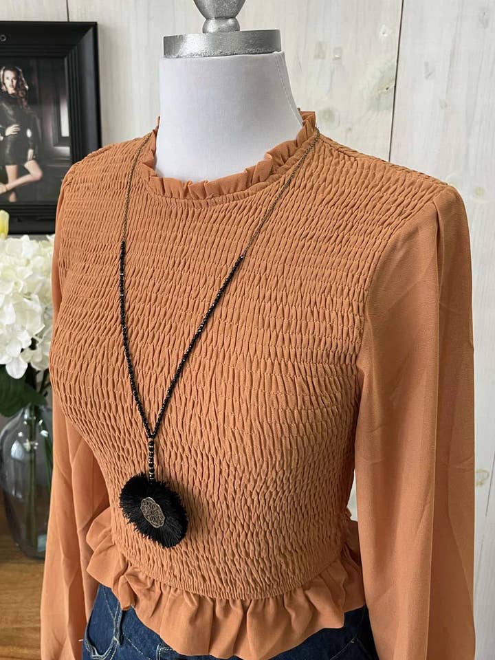 Smocked Long Sleeve Sheer Crop Top Trendy Boutique Fashion Top for wholesale by Tasha Apparel Wholesale