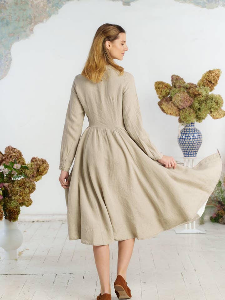 Night Garden Classic – Midi Linen Dress with Peter Pan Collar for wholesale on Faire37