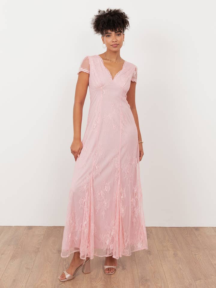 Maya Mjuk Rosa Spets V-ringad Maxiklänning för wholesale av Plaza Collection Ltd