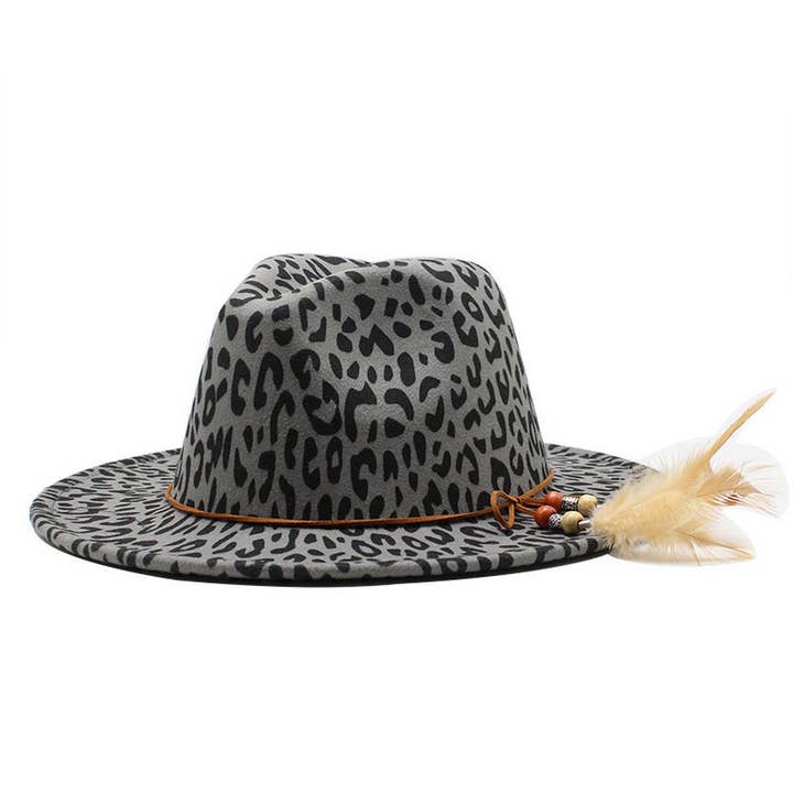 DOUBLJU - Wholesale Fedora - Unisex - LEOPARD PRINT FLAT BRIM WIDE BRIM FEATHER JAZZ HAT_CWAH27333