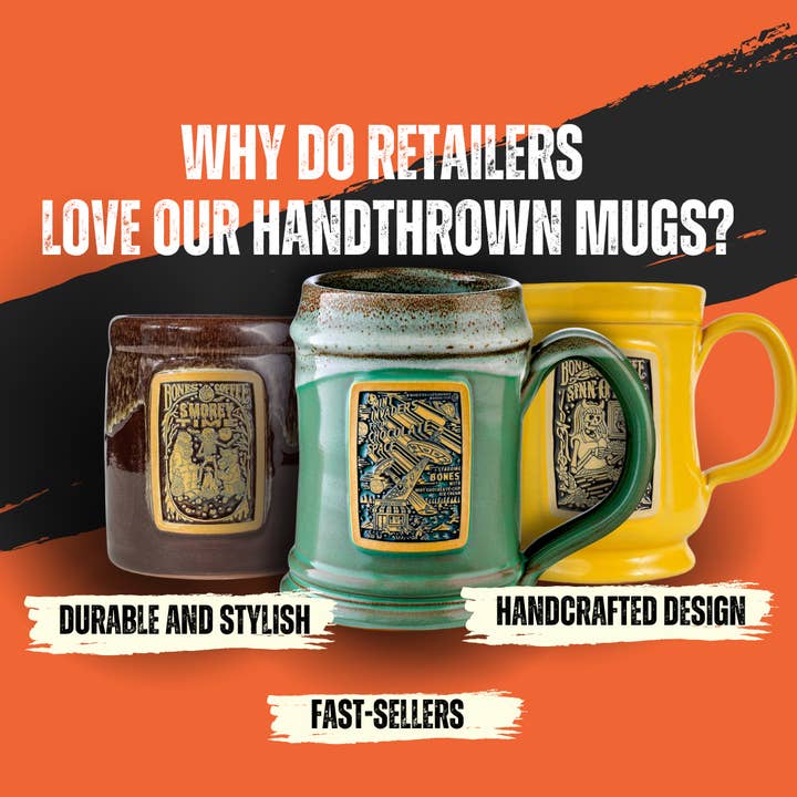 Bones Coffee Company - Wholesale Coffee Mug - Skull Logo Handthrown Mug | Black Coffee Mug | 14 oz