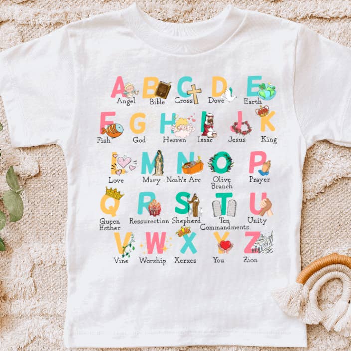 Alfabet børneskjorte, bibelsk religiøs kristen tee shirt for engroshandel hos AvaryMaeInspirations