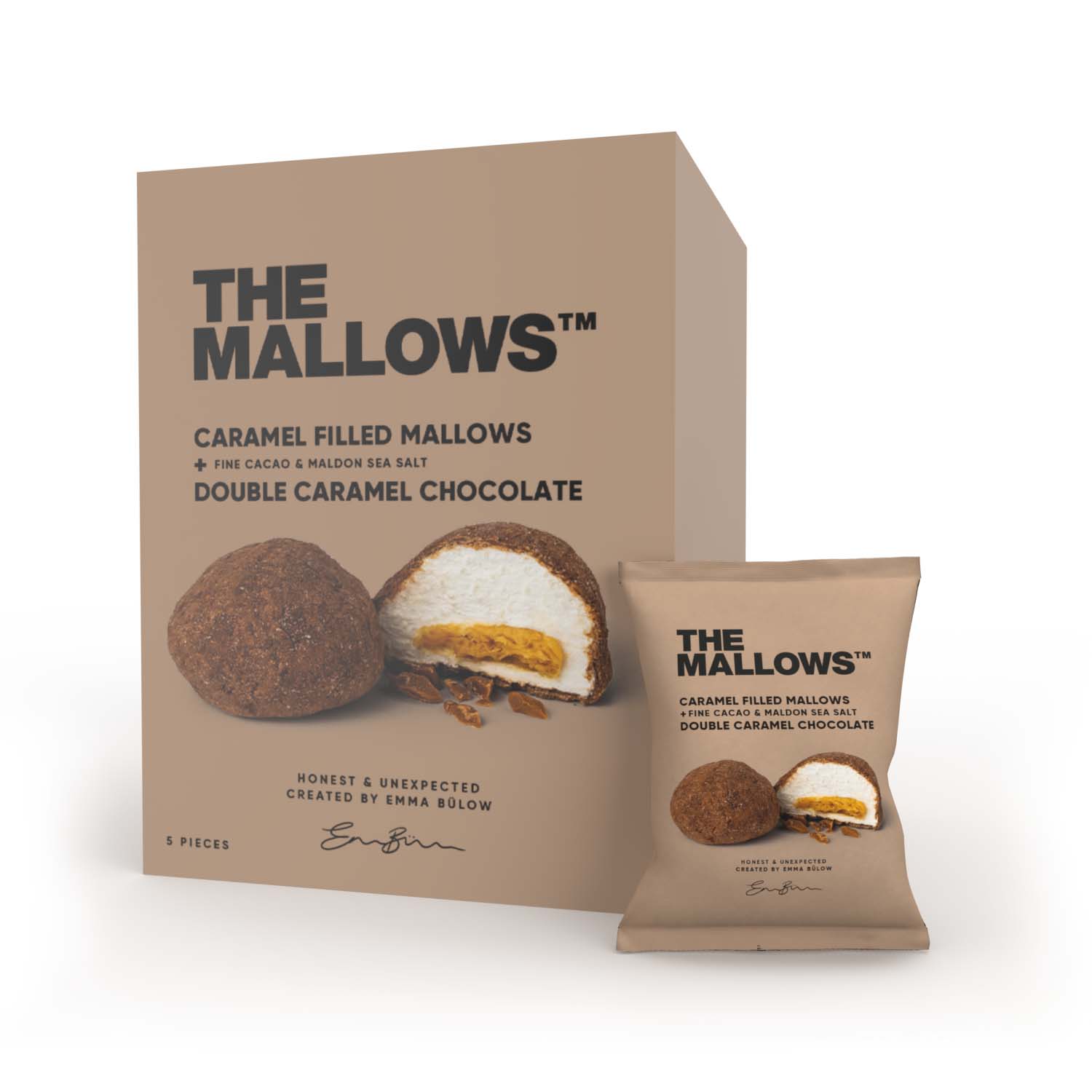 The Mallows - Wholesale Snoepjes met chocolade - CARAMELGEVULDE MALLOWS + DUBBELE CARAMEL CHOCOLADE 5 x 16G0