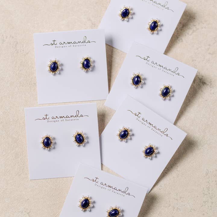 St Armands Designs of Sarasota - Wholesale Stud/Post Earrings - Blue Lapis and Pearl Oval Stud Earrings