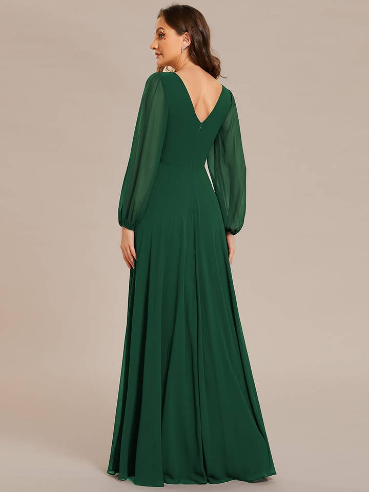 Ever-Pretty - Wholesale Gown - Women's - Elegant waisted chiffon V-neck Long Sleeve guest Dress28
