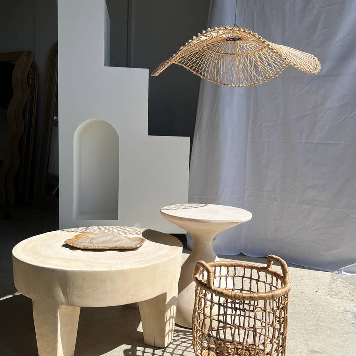 Office Objets - Wholesale Chandelier/Hanging Light - Rattan pendant or light fixture in the shape of a wavy circular tray with latticework D:75111