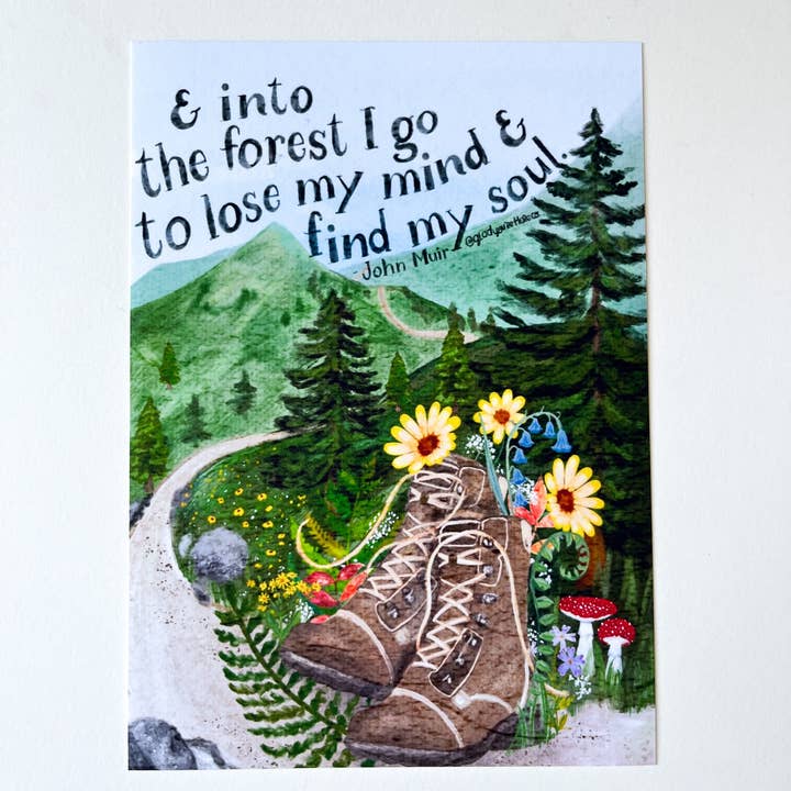 glad you're here co - Wholesale Art Print - Forest Journey Art Print – Hiking Boots & Wildflower Scene | Satin-Finish Photo Paper, 5×7 • 8×10 • 11×14 (Quote Option Available)5