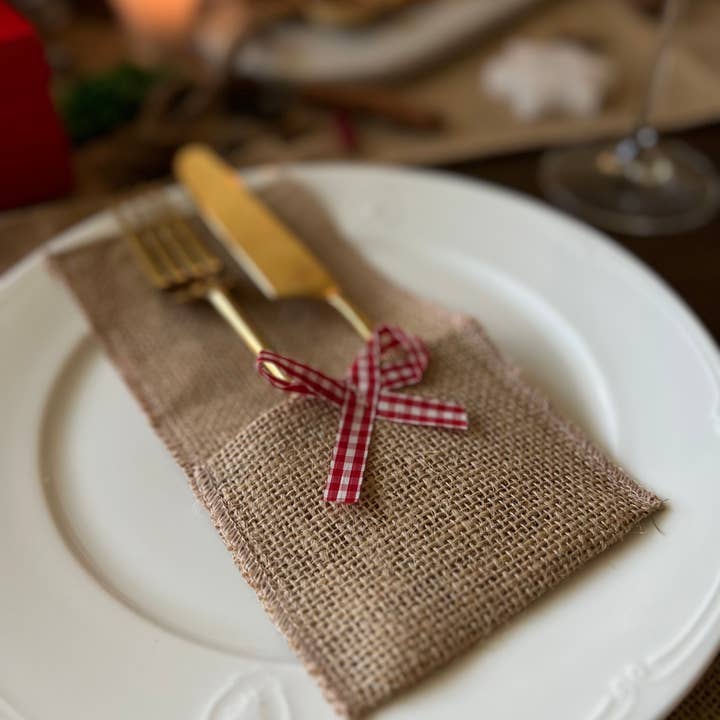 Uniq Favors - Wholesale Napkin Holder - 10 Rustic Burlap Cutlery Holder, Wedding Table Cutlery Pouch