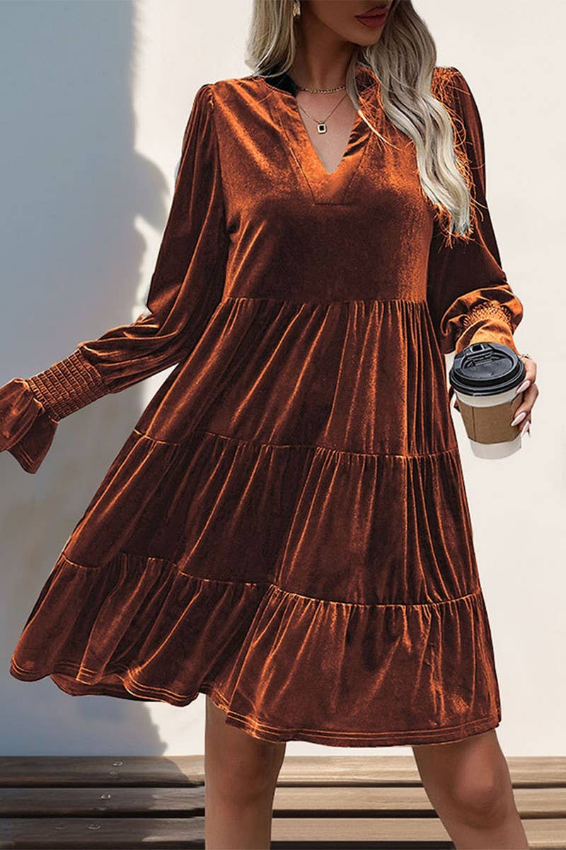 NINEXIS - Wholesale Dress - Women's - CWDMD3552_V-NECK LONG-SLEEVED SOLID COLOR VELVET DRESS4