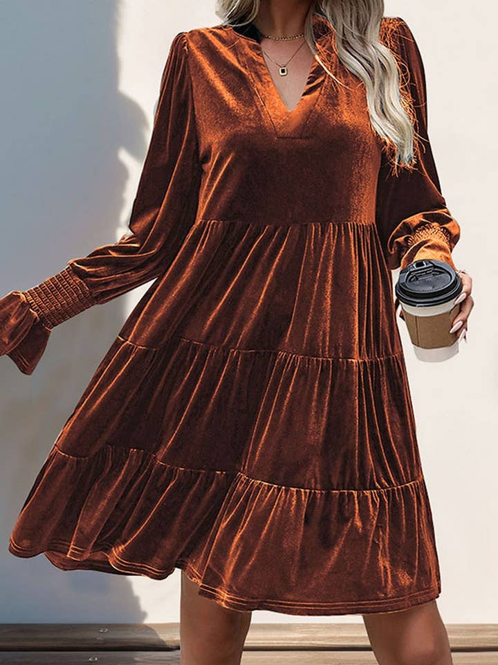 NINEXIS - Wholesale Dress - Women's - CWDMD3552_V-NECK LONG-SLEEVED SOLID COLOR VELVET DRESS4