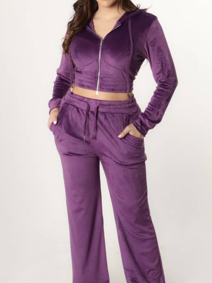 501 SET-VELVET ZIP UP HOODIE CROP TOP AND PANTS SET for wholesale by JBLA FASHION