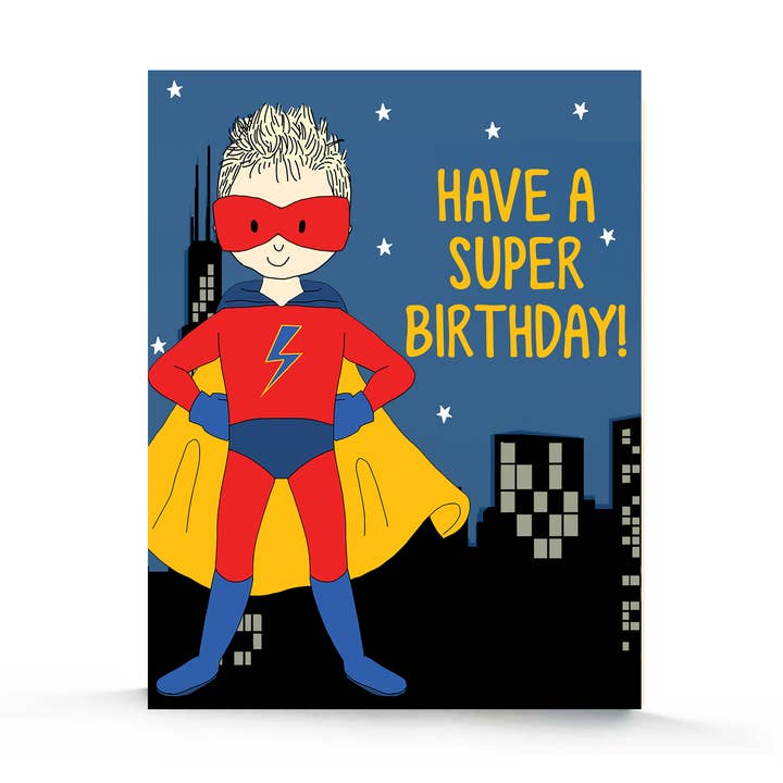 Carte d'anniversaire Superhero Boy - Paysage urbain pour la vente par Stacey M Design