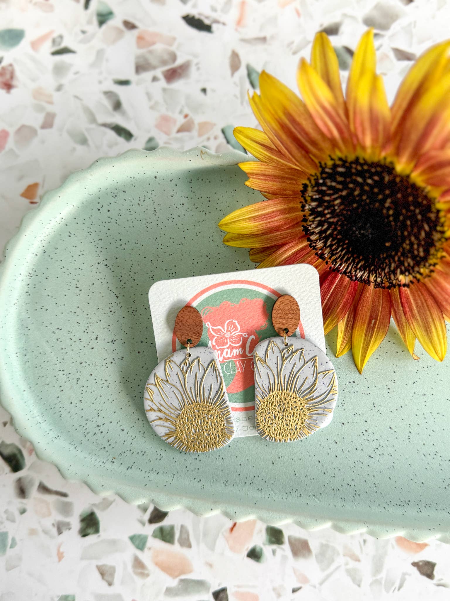 Anam Cara Clay Goods - Wholesale Dangle Earrings - Half Circle Sunflower Drops Polymer Clay EarringS0