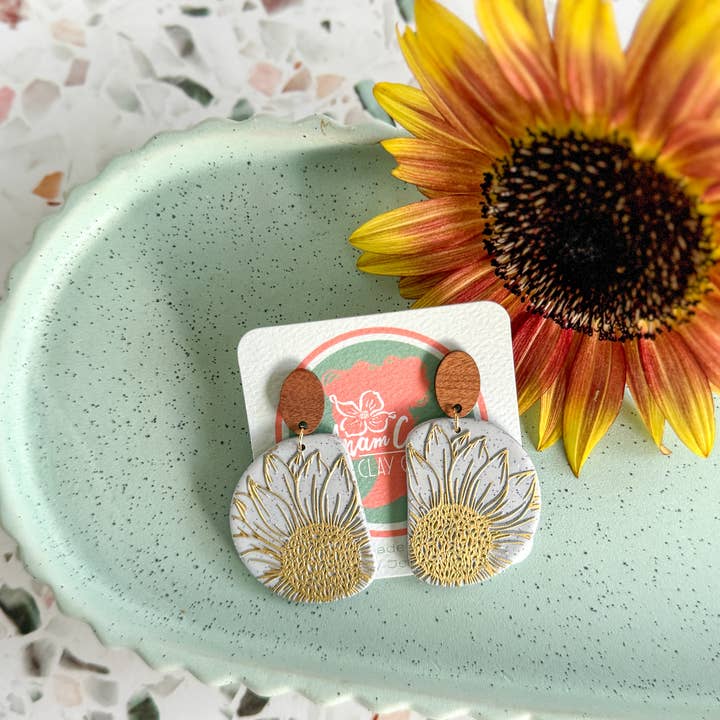 Anam Cara Clay Goods - Wholesale Dangle Earrings - Half Circle Sunflower Drops Polymer Clay EarringS