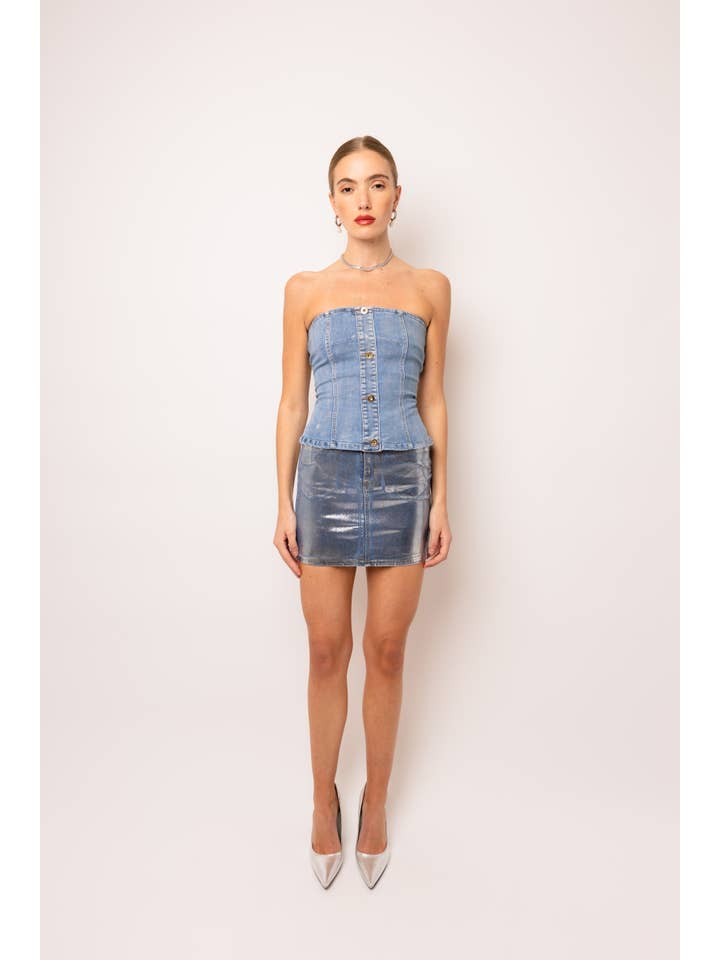 Blue Soho Stretch Metallic Denim Mini Skirt for wholesale on Faire