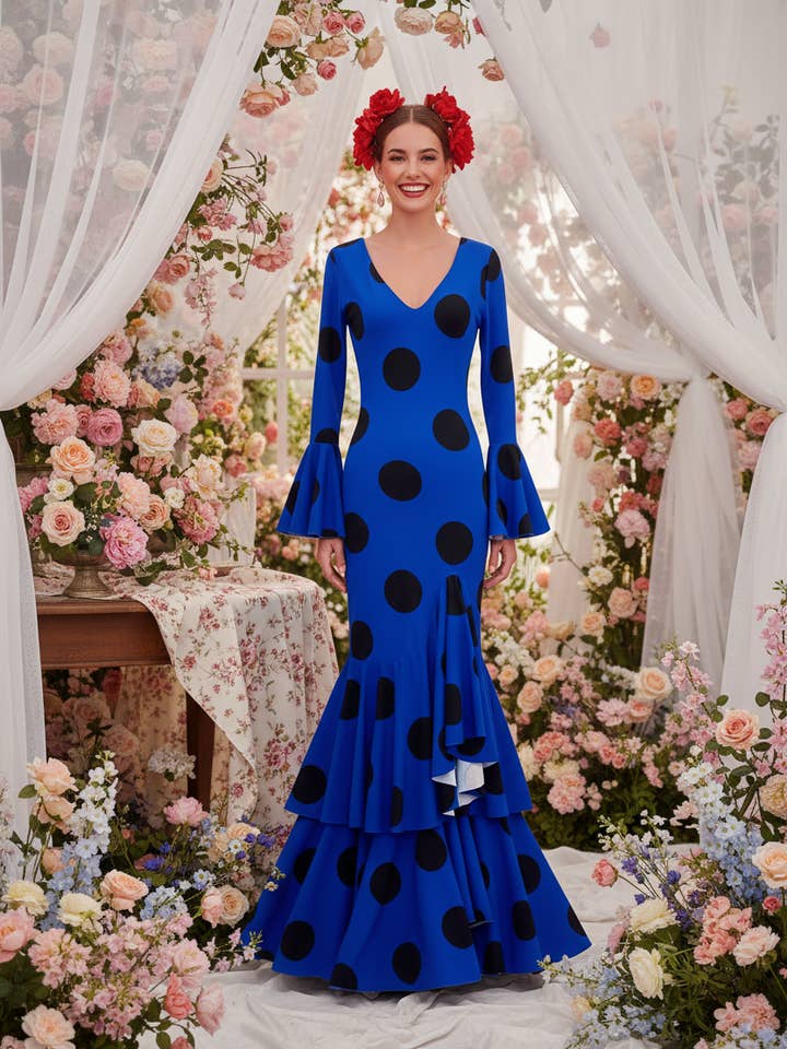 Traje de Flamenca Azul Eléctrico - Color Vibrante | Ref. G0491 para venta al por mayor de EMMA WU DESIGN