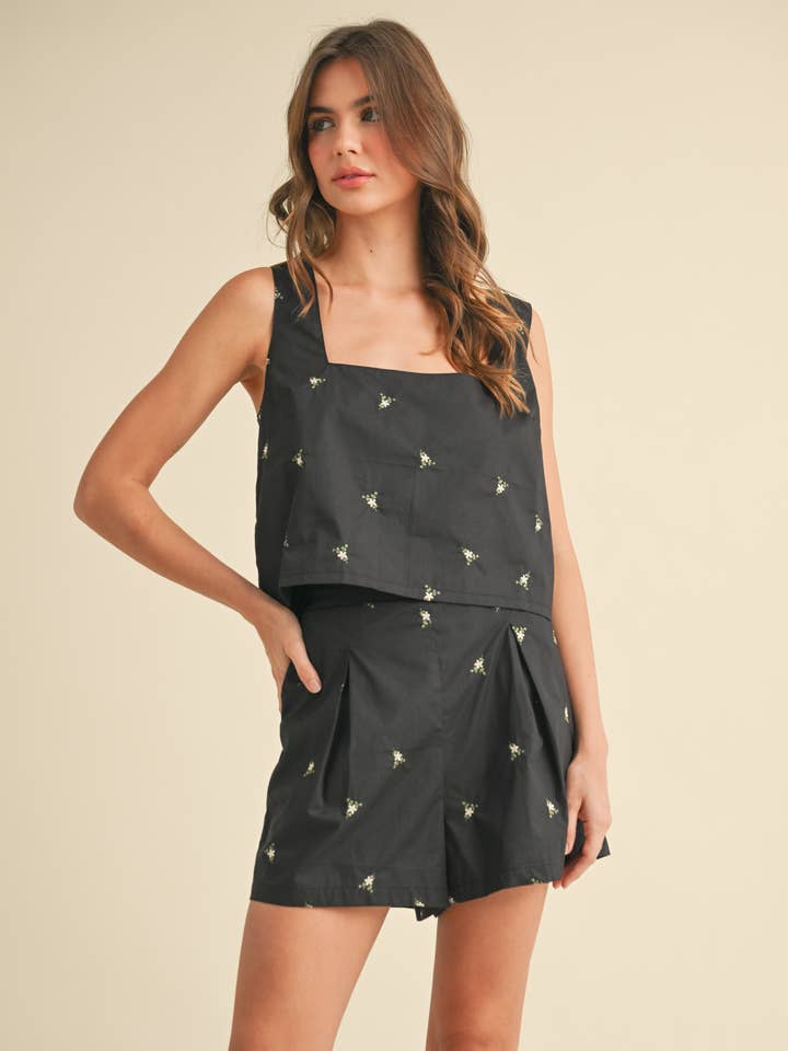 Black IST5876-A EMBROIDERY SLEEVELESS TOP AND SHORTS SET for wholesale on Faire