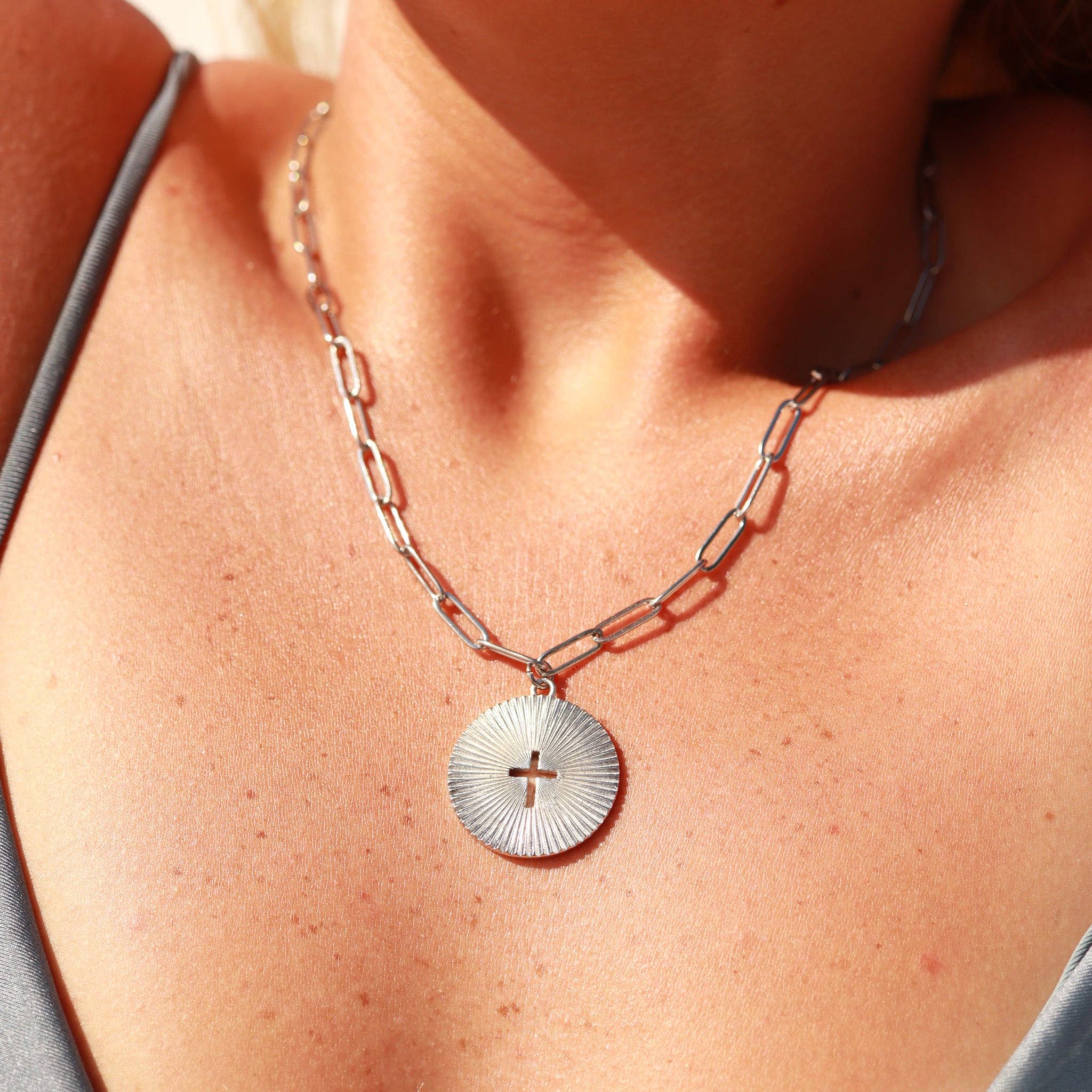 WJW - Wholesale Pendant/Charm Necklace - Gold Stainless Steel Sunburst Cross Paperclip Charm Necklace4