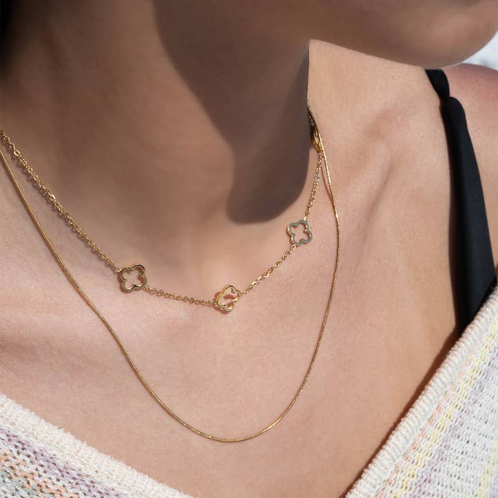 WJW - Wholesale Pendant/Charm Necklace - 18K Gold PVD Stainless Steel Layered Clover Charm Necklace