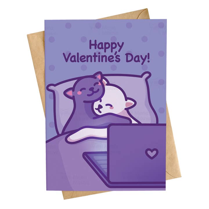 Fröhlichen Valentinstag! | Cat Hug Valentinstagskarte für den Großhandel von Mona Mauve • Silly Art!