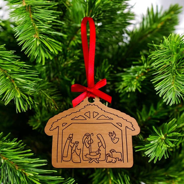 Ornement de Nativité en Bois Fait Main avec Ruban Rouge pour la vente par The Thankful Creations LLC