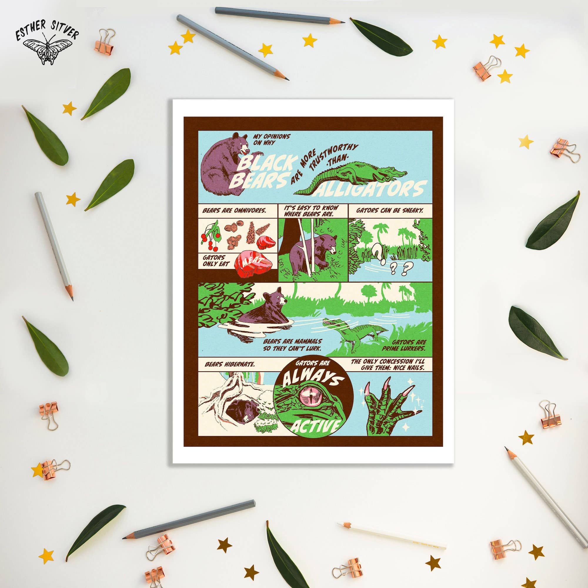 Esther Sketch - Wholesale Art Print - Gator vs Bear Animal Comic Print 8.5"x11"5