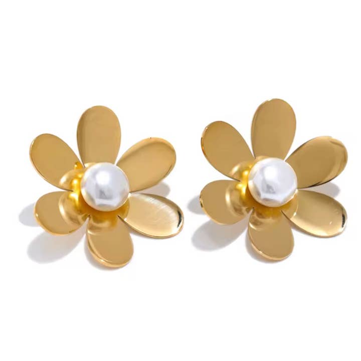 Gold Daisy and Pearl Centre Earrings for wholesale by Nicholls Jewellery