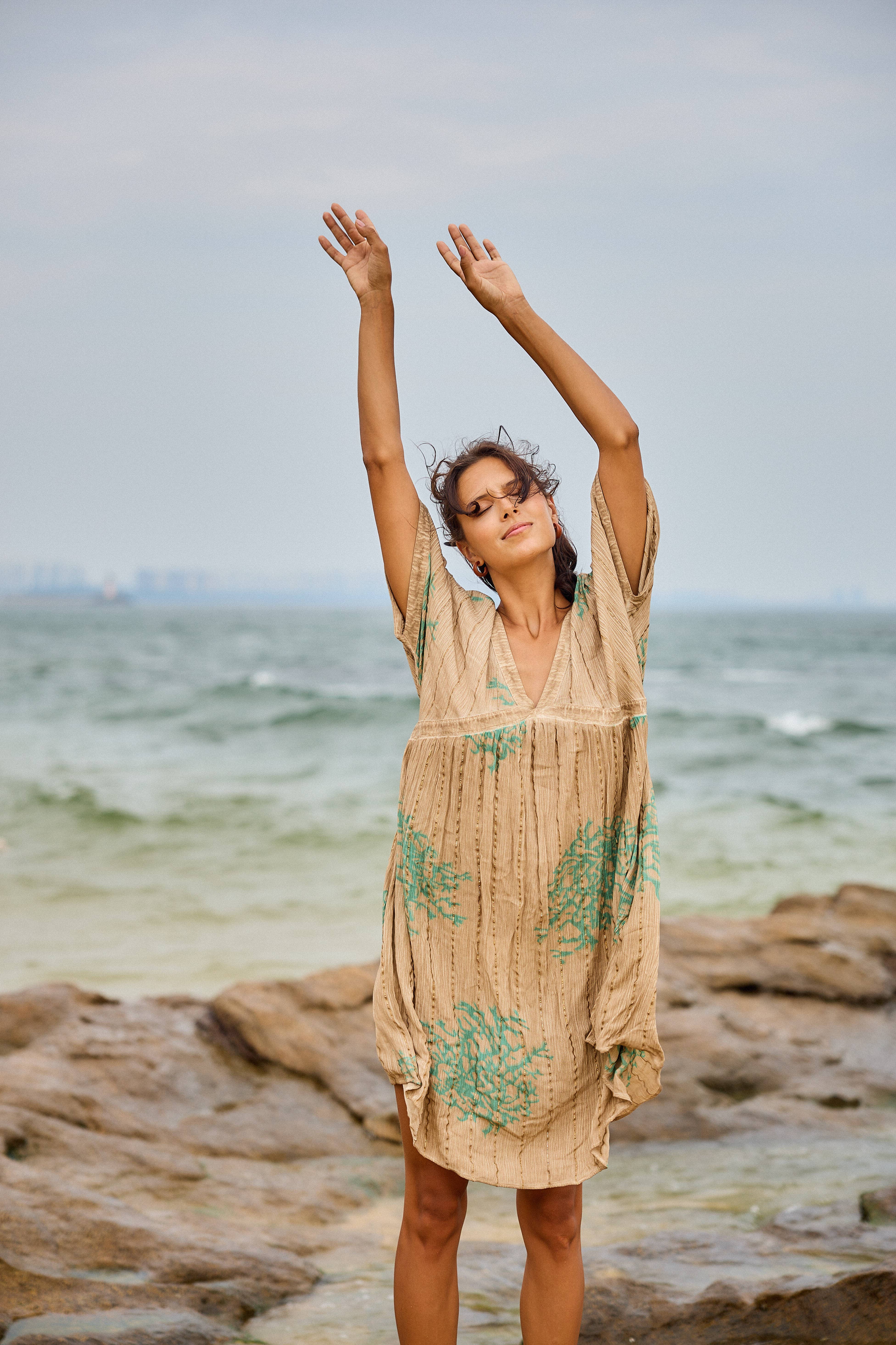 Beige Coral print mid-length dress, washed style with Lurex for wholesale on Faire3