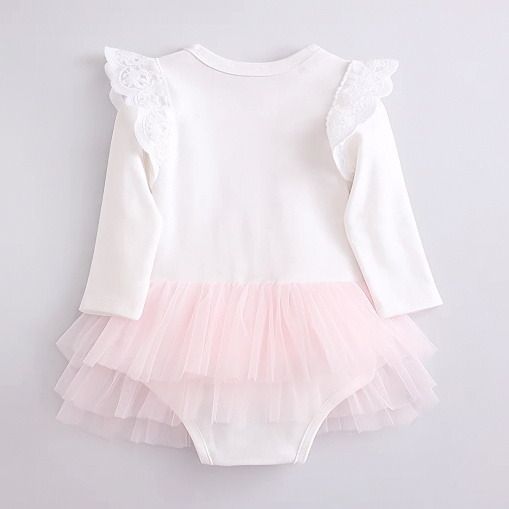 Fennco Styles – Bodysuit - Bebé por atacado – Romper de saia tutu em algodão de manga comprida com babados brancos1