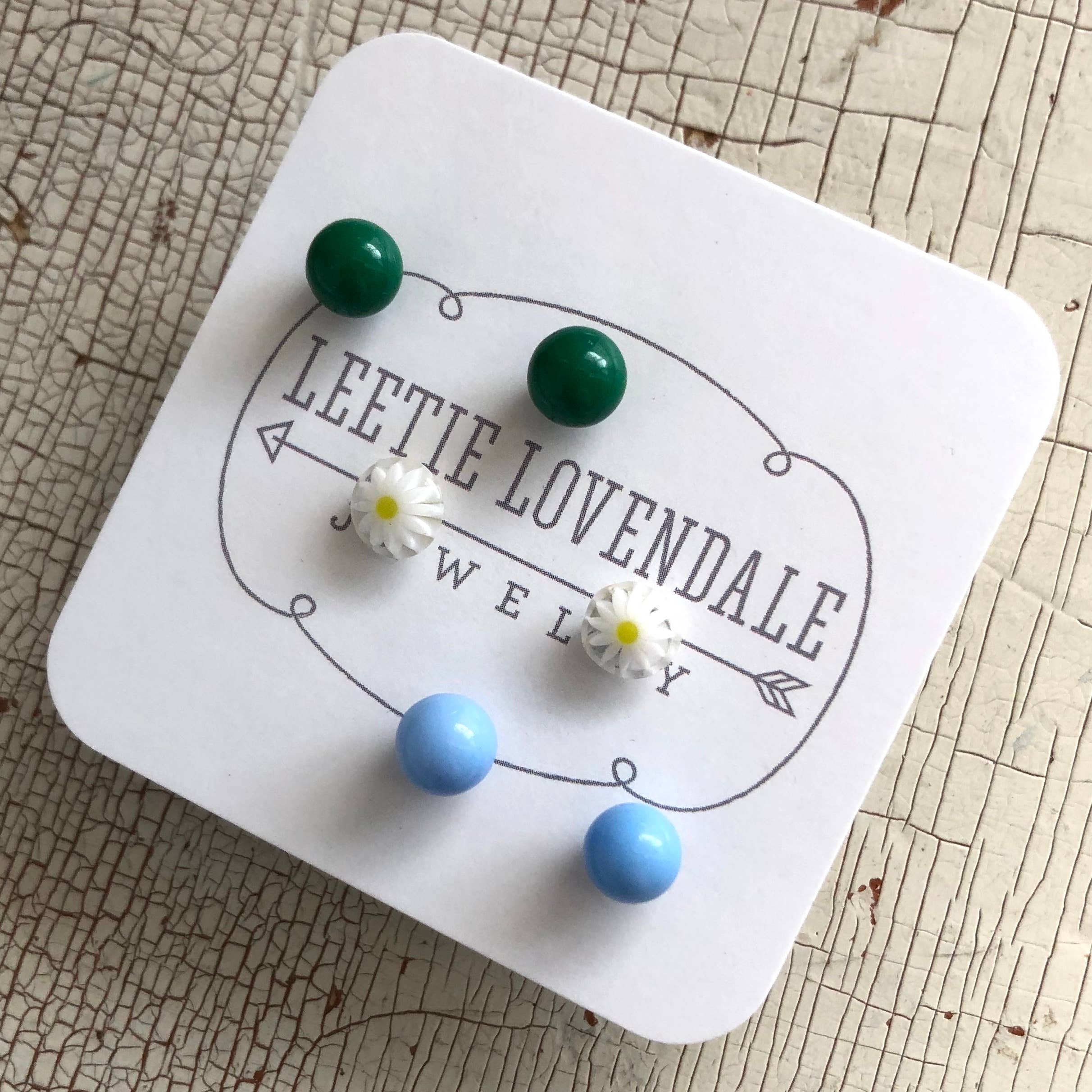 Leetie Lovendale - Wholesale Jewelry Set - White Daisy Green & Turquoise Tiny Studs Set0