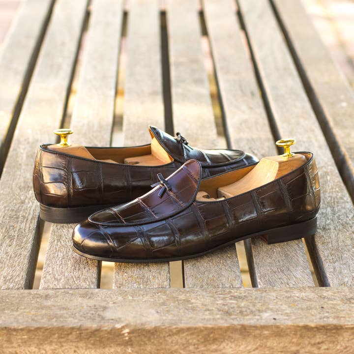 Marcello Leather & Alligator Belgian Slipper in Dark Brown for wholesale on Faire3