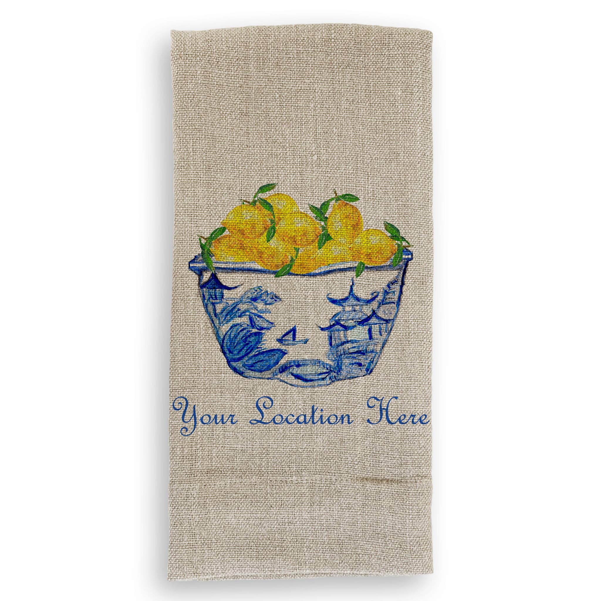French Graffiti - Wholesale Tea Towel - Blue & White Bowl with Lemons and Location1