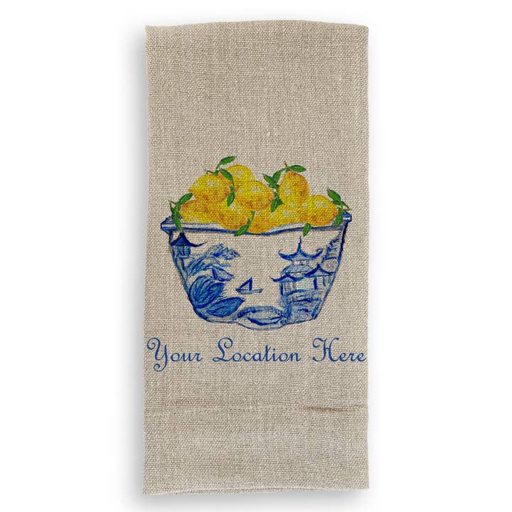 French Graffiti - Wholesale Tea Towel - Blue & White Bowl with Lemons and Location1
