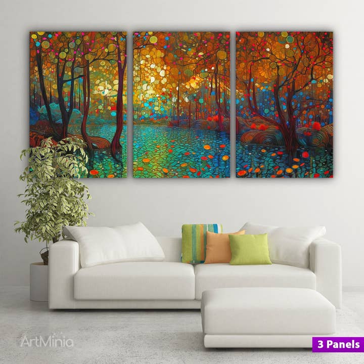 Impression sur toile colorée de style Klimt sur la forêt pluvieuse et la rivière pour la vente par Artorang