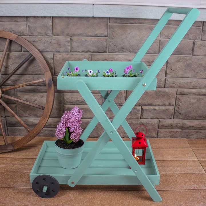 Sunnydaze Decor - Wholesale Plant Pot Stand - 2-Tier Fir Wheeled Planter Stand - Robin Egg Blue