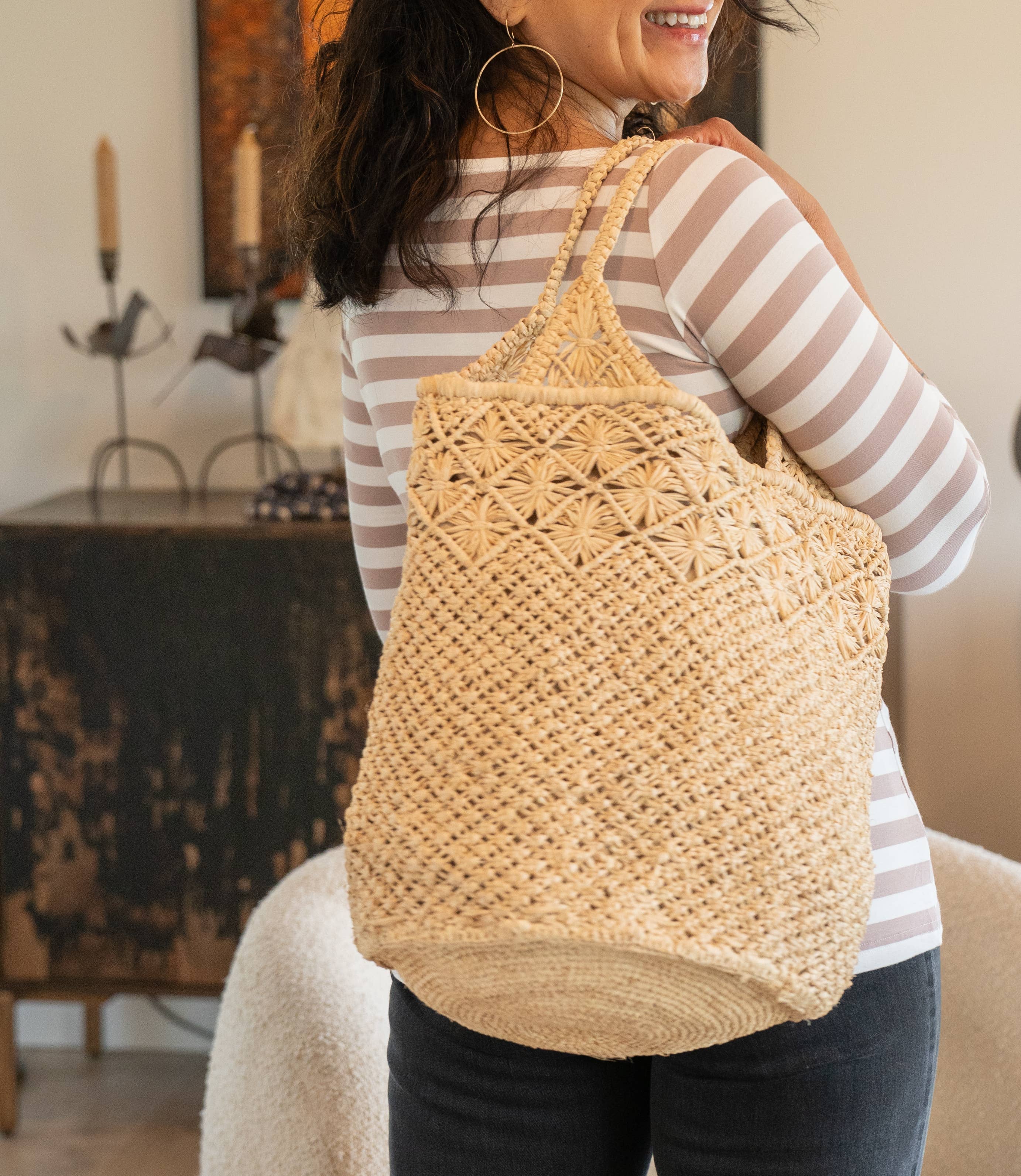 Shebobo - Vente Sac de plage - Sac à main en paille crocheté et macramé diamant Luca14