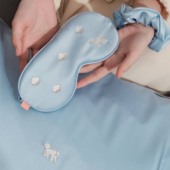 Blue "Pan Pan" 3 Piece Silk Gift Set - Silk Pillowcase & Silk Sleep Eye Mask & Silk Scrunchie for wholesale on Faire4