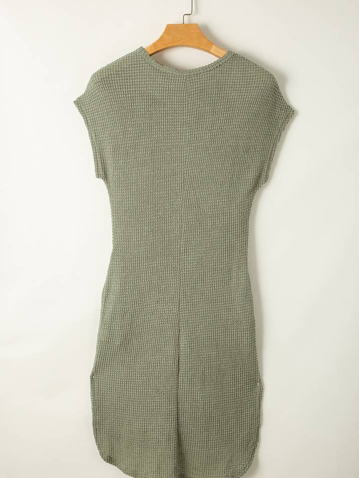 Green Waffle Texture Curved Hem Side Slit T-shirt Dress for wholesale on Faire