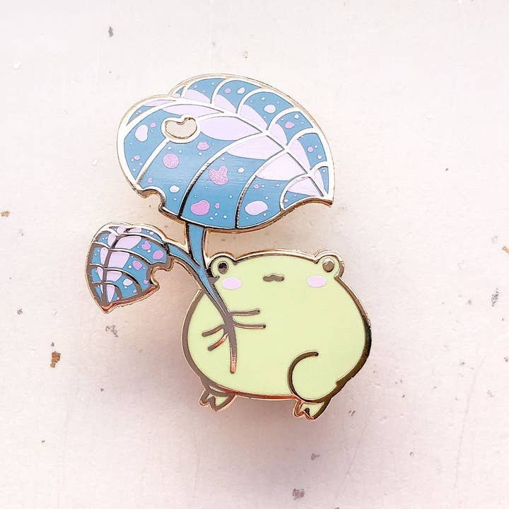 Alum and Ink - Wholesale Lapel Pin/Button - Gogo the Frog Leaf Umbrella Enamel Pin