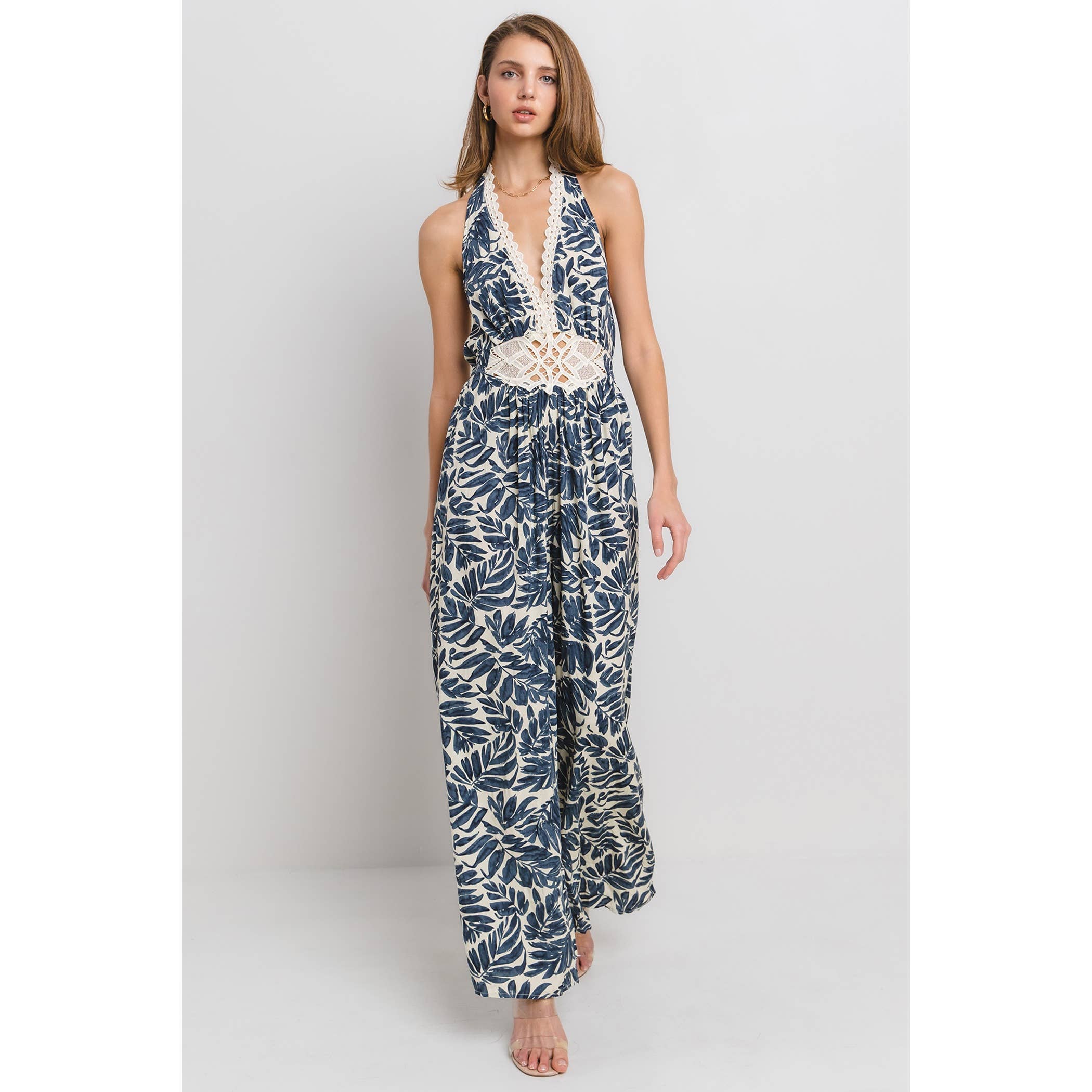 MULTI HALTER NECK JUMPSUIT WITH TRIM DETAIL for wholesale on Faire4