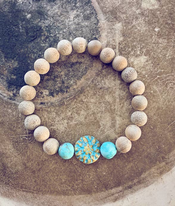 silketræ naturlig turkis og tjekkisk glas ro/silketræ beaded mala stretch armbånd for engroshandel på Faire