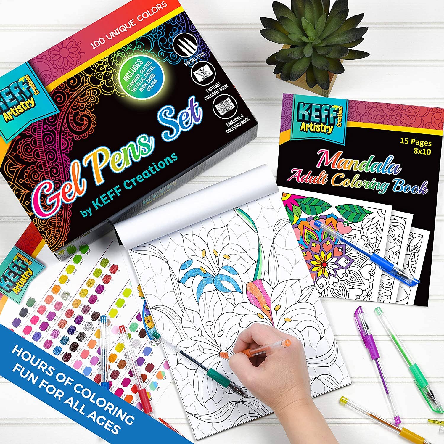 Keff Creations – Lápis colorido por atacado – Conjunto de 100 Canetas Gel com Ponta Fina e Livros de Colorir para Adultos6